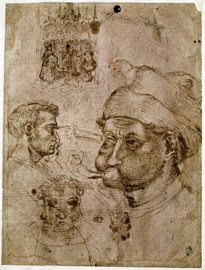 Cztery głowy mężczyzn, z których dwie mają trzy twarze. Ołtarz. Koń. Rysunki z warsztatu Antonio di Puccio Pisano dit Pisanello (1395-1455). Brązowy atrament, długopis (rysunek), krew. Wymiary: 27,1x20,5cm. Luwr, Gabinet Medali. autorstwa Antonio Pisanello
