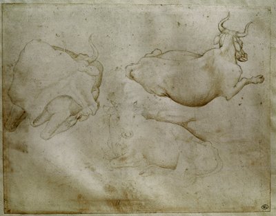 Dwie krowy i jałowiec. Rysunek autorstwa Antonio di Puccio Pisano dit Pisanello (1395-1455). Zwój, metalowa końcówka. Wysokość: 17,6 cm. Luwr, Gabinet medali autorstwa Antonio Pisanello