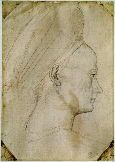 Głowa młodej kobiety, z profilu po prawej stronie. Rysunek warsztatu Antonio di Puccio Pisano dit Pisanello (1395-1455). Brązowy atrament, czarny kamień, piórko. Wymiary: 24,6x17,2 cm. Luwr, Gabinet dessins. autorstwa Antonio Pisanello