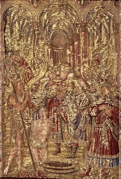 Jonas Krikštytojas skelbia Kristaus pasiuntinybę fariziejams, gobelenas, vaizduojantis scenas iš šventojo (tekstilės)polio gyvenimo autorstwa Antonio Pollaiuolo