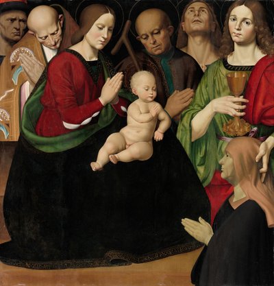 Święta Rodzina z Czterema Świętymi i Dawczynią, c. 1510. autorstwa Antonio Rimpacta