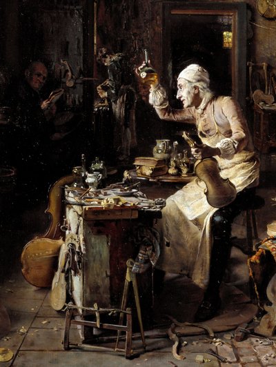 Szczegół: „”Włoski lutnik Stradivarius (1644-1737) w swoim warsztacie”” Obraz Antonio Rinaldiego (XIX w.) 1886 Cremone, Museo Civico autorstwa Antonio Rinaldi