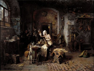 Włoski lutnik Antonio Stradivari (Stradivarius) (1644-1737) w swoim warsztacie autorstwa Antonio Rinaldi