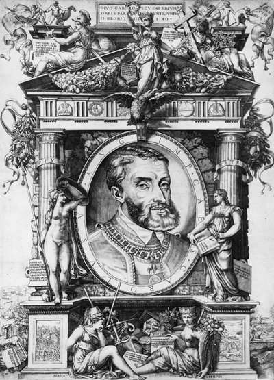 Portret Karola V (1500-68), cesarza rzymskiego (rycina) (zdjęcie bw) autorstwa Antonio Salamanca