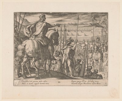 Aleksander Wielki instruuje żołnierzy macedońskich Czyny Aleksandra Wielkiego (tytuł serii) Alexandri magni praecipvae res gestae (tytuł serii) autorstwa Antonio Tempesta