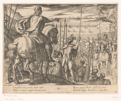 Aleksander Wielki instruuje żołnierzy macedońskich Czyny Aleksandra Wielkiego (tytuł serii) Alexandri magni praecipvae res gestae (tytuł serii) autorstwa Antonio Tempesta