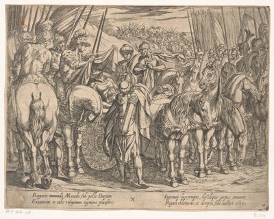 Aleksander Wielki odnajduje ciało Dariusza Czyny Aleksandra Wielkiego (tytuł serii) Alexandri magni praecipvae res gestae (tytuł serii) autorstwa Antonio Tempesta