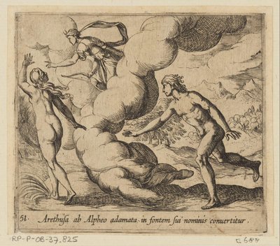 Arethusa wordt achtervolgd drzwi Alpheus Aretuza zakochana w Alfeuszu staje się źródłem jej imienia (tytuł na obiekcie) Metamorfoza lub przekształcenia (tytuł serii) Metamorfosen van Ovidius (tytuł serii) autorstwa Antonio Tempesta