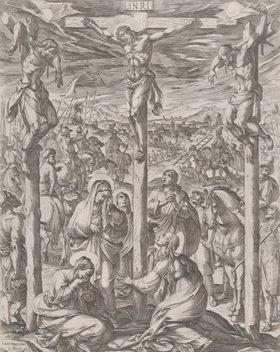 Chrystus ukrzyżowany między dwoma złodziejami, trzema Mariami u stóp krzyża, 1612. autorstwa Antonio Tempesta
