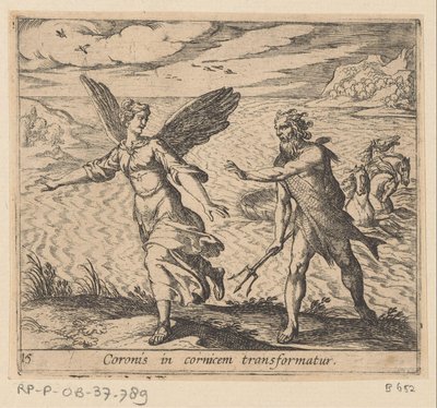 Korona zmieniła się w een kraai Korona przekształca się w gzyms (tytuł na obiekcie) Metamorfoza lub przekształcenia (tytuł serii) Metamorfosen van Ovidius (tytuł serii) autorstwa Antonio Tempesta