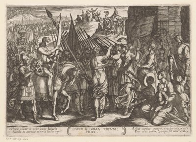Dawid triumfalnie powraca z głową Goliata David e Golia triumphat (tytuł na obiekcie) Sceny batalistyczne ze Starego Testamentu (tytuł serii) autorstwa Antonio Tempesta