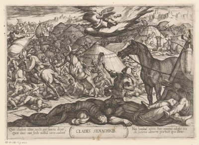 Anioł śmierci podbija armię Sennacheryba Clades Senachrib (tytuł na obiekcie) Sceny batalistyczne ze Starego Testamentu (tytuł serii) autorstwa Antonio Tempesta