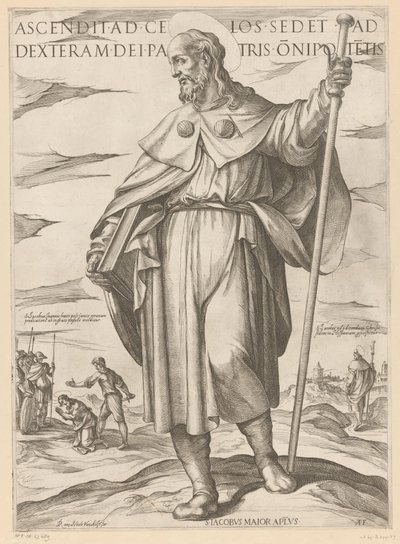 De heilige Jakobus de Meerdere Ten, który wstąpił do nieba zasiada po prawicy Boga Ojca Wszechmogącego (tytuł na obiekcie) Chrystus, Maryja i apostoł (tytuł serii) autorstwa Antonio Tempesta