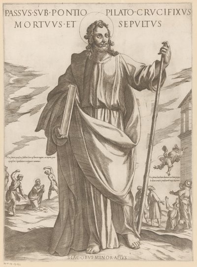 De heilige Jakobus de Mindere Cierpiący pod Poncjuszem Piłatem, ukrzyżowany, martwy i pochowany (tytuł na przedmiocie) Chrystus, Maryja i apostoł (tytuł serii) autorstwa Antonio Tempesta