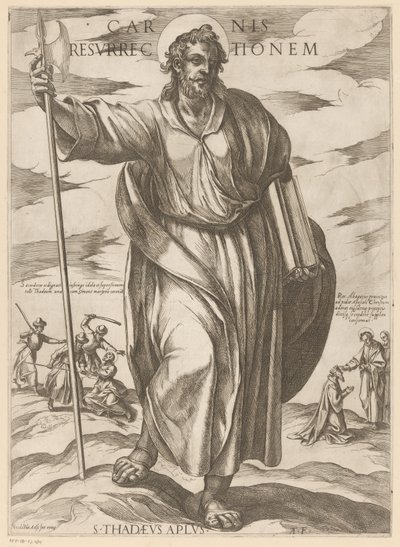 De heilige Judas Taddeus Zmartwychwstanie ciała (tytuł na obiekcie) Chrystus, Maryja i apostoł (tytuł serii) autorstwa Antonio Tempesta