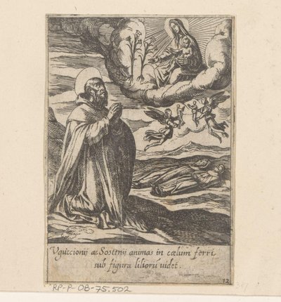 De heilige Philippus bidt voor de zielen van twee broeders Het Leven van Philippus Benitius (tytuł serii) Życie B. Philippi Benicius Florent. zam. Sługa B. Mary the Virgin (tytuł serii) autorstwa Antonio Tempesta