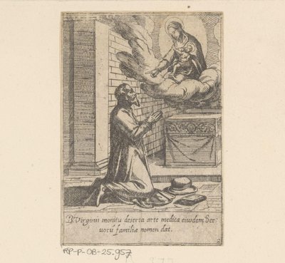 De heilige Philippus plaast zich onder de hoede van Maagd Maria Het Leven van Philippus Benitius (tytuł serii) Życie B. Philippi Benicius Florent. zam. Sługa B. Mary the Virgin (tytuł serii) autorstwa Antonio Tempesta