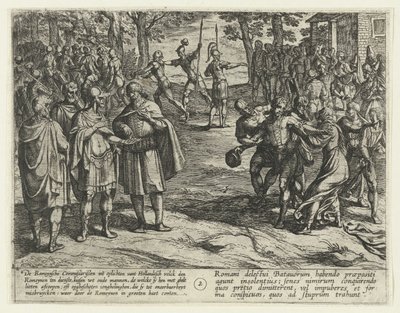 Starzy Batawowie wykupują swoją służbę Rzymianom, 69-70 Bunt Batawski (tytuł serii) Batavorum cum Romanis Bellum, à Corn. Tacito / The Batavian Oft Oude Hollandtsche Krijghe teghen de Romeynen (tytuł serii na obiekcie) autorstwa Antonio Tempesta