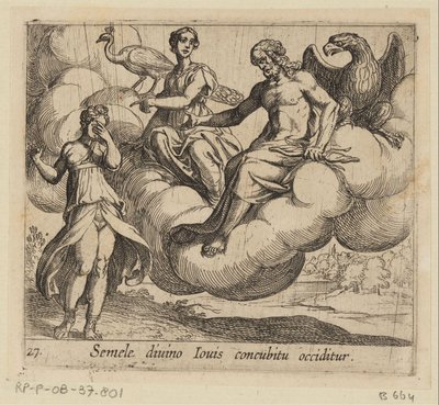 De wens van Semele Semele zostaje zabita przez stosunek z boskim Jowiszem (tytuł na obiekcie) Metamorfoza lub przekształcenia (tytuł serii) Metamorfosen van Ovidius (tytuł serii) autorstwa Antonio Tempesta