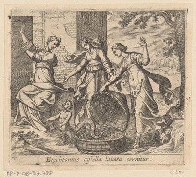 Erichthonius uit zijn mand gelaten Erichthonius jest widziany z luźnym koszem (tytuł na obiekcie) Metamorfoza lub przekształcenia (tytuł serii) Metamorfosen van Ovidius (tytuł serii) autorstwa Antonio Tempesta