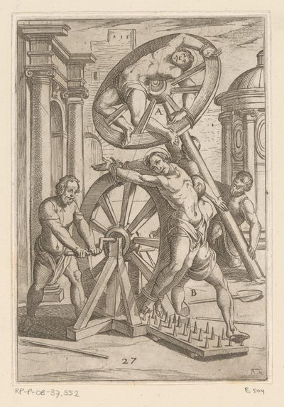 Tortury z ostrymi końcami i kołami Tortury męczenników chrześcijańskich (tytuł serii) Varia tormentorum et supplicioru roughlium (...) (tytuł serii) autorstwa Antonio Tempesta