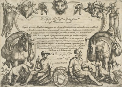 Frontyspis z myśliwymi, psami i końmi, ze „Sceny polowania VI”, 1609. autorstwa Antonio Tempesta