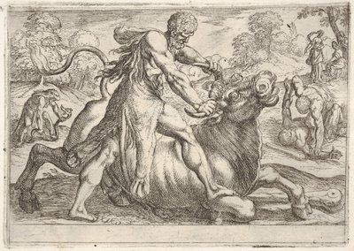 Herkules i Acheloos: w centrum Herkules chwyta rogi byka, naciskając jego r..., 1608. autorstwa Antonio Tempesta