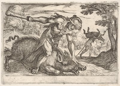 Herkules i Dzik Erymantusa: Herkules przytrzymuje pysk dzika lewą ha..., 1608. autorstwa Antonio Tempesta