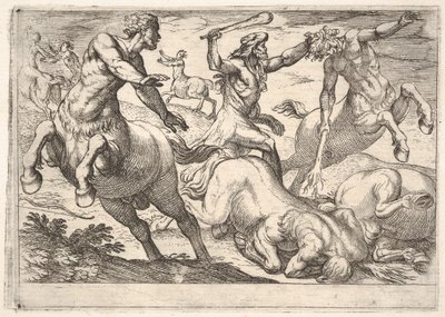 Hercules and the Centaurs: Hercules trzyma głowę centaura lewą ręką i rai..., 1608. autorstwa Antonio Tempesta
