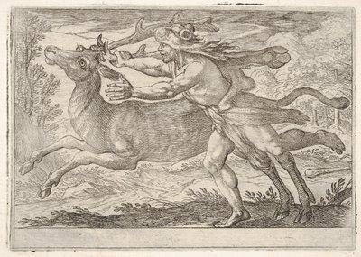 Hercules and the Hind of Mount Cerynea: Herkules kroczy wzdłuż zadu i chwyta…, 1608. autorstwa Antonio Tempesta