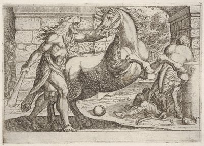 Herkules i klacze Diomedesa: Herkules chwyta za uzdę konia na ostro..., 1608. autorstwa Antonio Tempesta