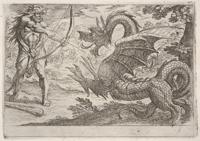 Hercules and the Serpent Ladon: Hercules napina łuk, wznoszący się wąż pojawia się w pro..., 1608. autorstwa Antonio Tempesta