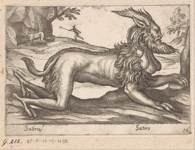 potworne stworzenie Satirus/ Satiro (tytuł na obiekcie) Zwierzęta i mityczne stworzenia (tytuł serii) Nova raccolta de li animali piu curiosi del mondo (tytuł serii) autorstwa Antonio Tempesta