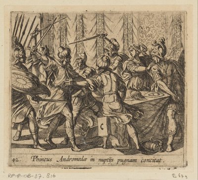 Phineus verstoort de ślub Perseusza en Andromeda Phineus prowokuje Andromedę do walki na jej ślubie (tytuł na obiekcie) Metamorfoza lub przekształcenia (tytuł serii) Metamorfosen van Ovidius (tytuł serii) autorstwa Antonio Tempesta