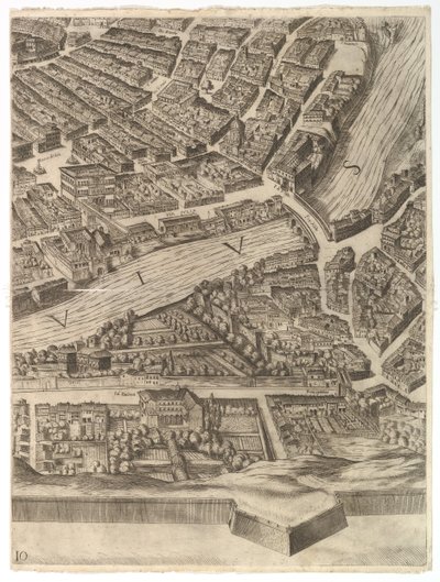 Plan miasta Rzymu. Część 10 z Tybrem i Villa Farnesina, 1645. autorstwa Antonio Tempesta