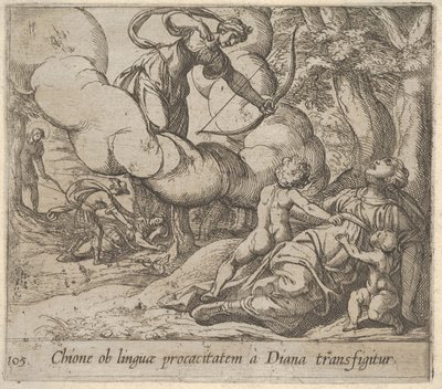 Obrazek 105: Diana kierująca swój łuk w kierunku Chione, której towarzyszy dwoje dzieci, w anot..., 1606. autorstwa Antonio Tempesta