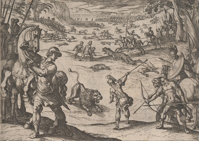 Płyta 11: Polowanie na lwa Aleksandra, z Czynów Aleksandra Wielkiego, 1608., autorstwa Antonio Tempesta