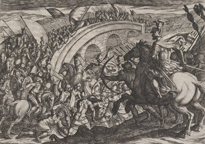 Ilustracja 11: Wojska Cywilów przekraczające rzekę Mozę, z filmu Wojna Rzymian przeciwko…, 1611. autorstwa Antonio Tempesta