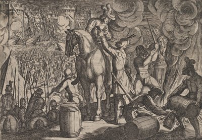 Tablica 13: Atak na rzymską fortecę nocą, z filmu Wojna Rzymian przeciwko Ba..., 1611. autorstwa Antonio Tempesta