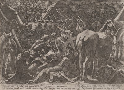Płyta 14: Gedeon terroryzuje wrogi obóz, z „Bitwy Starej Tes...”, ca. 1590-ok. 1610. autorstwa Antonio Tempesta