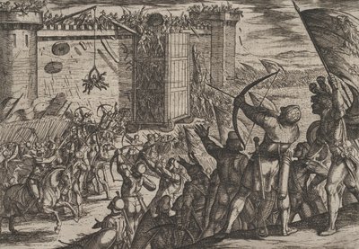 Płyta 14: Nowy atak na starą twierdzę, z Wojna Rzymian z Batawami..., 1611. autorstwa Antonio Tempesta