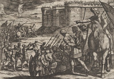 Tablica 16: Jeńcy rzymscy przed starą fortecą, z Wojna Rzymian przeciwko B..., 1611. autorstwa Antonio Tempesta