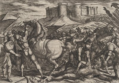Ilustracja 17: Rzymianie zwiedzieni przez konia Cywilisa, aby uwierzyć, że był martwy lub ranny, z..., 1611. autorstwa Antonio Tempesta