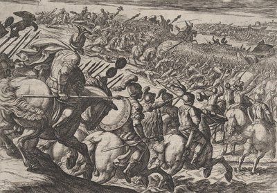 Ilustracja 25: Rzymski dowódca Cerialis atakuje w pobliżu Trewiru, z Wojna Rzymian Agai..., 1611. autorstwa Antonio Tempesta