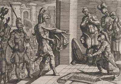 Ilustracja 26: Cerialis przebacza i odciąża rzymskich żołnierzy, którzy pomogli Civilis, z The Wa..., 1611. autorstwa Antonio Tempesta
