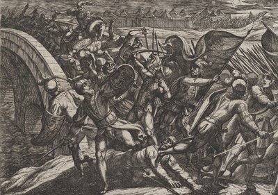 Ilustracja 27: Holendrzy podczas ataku z zaskoczenia na obóz rzymski nad Mozelą, z Wa..., 1611. autorstwa Antonio Tempesta