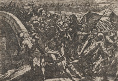 Ilustracja 27: Holendrzy podczas ataku z zaskoczenia na obóz rzymski nad Mozelą, z Wa..., 1611. autorstwa Antonio Tempesta