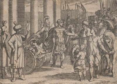 Tablica 2: Aleksander przecinający węzeł gordyjski, z Czynów Aleksandra Wielkiego, 1608., autorstwa Antonio Tempesta