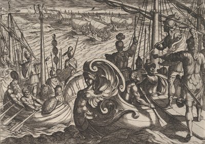 Tablica 33: Flotylle holenderskie i rzymskie nad Renem, z The War of the Romans Against the B..., 1611. autorstwa Antonio Tempesta