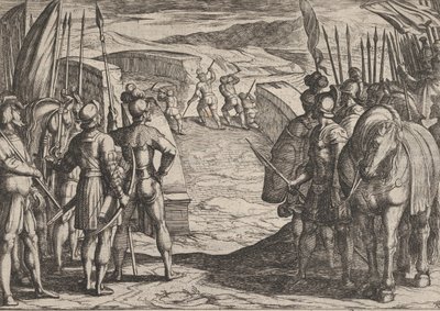 Tablica 35: Batawowie się boją i rozpoczynają rozmowy pokojowe, z Wojna Rzymian Ag..., 1611. autorstwa Antonio Tempesta